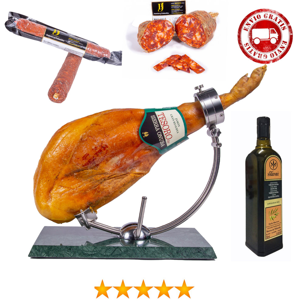 Lote jamón gran reserva + chorizo vela + salchichón vela + medio morcón + botella aceite 500 ml