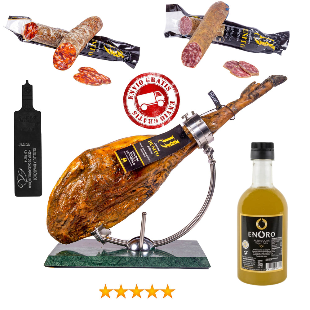 Gran lote jamón ibérico bellota 100% + medio salchichón bellota + medio chorizo bellota + botella aceite 500ml