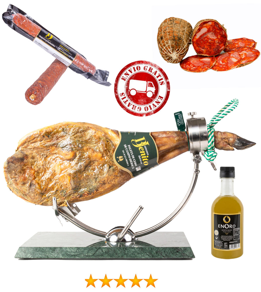 Lote paleta cebo de campo + chorizo bellota vela + salchichón bellota vela + medio morcón + botella aceite 500ml