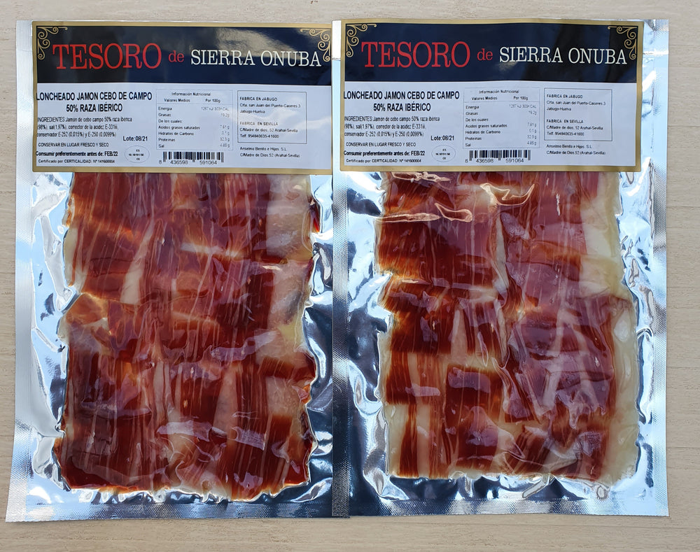 
                  
                    Pack sobres jamón cebo de campo 50% raza ibérica loncheado a cuchillo Tesoro de Sierra Onuba
                  
                