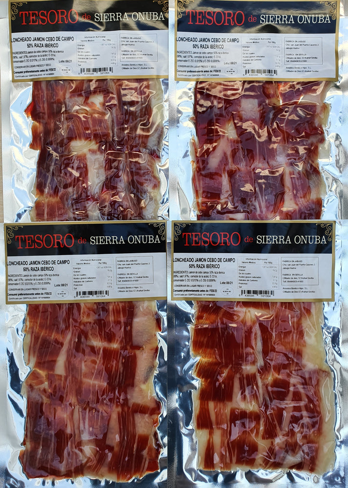 Pack sobres jamón cebo de campo 50% raza ibérica loncheado a cuchillo Tesoro de Sierra Onuba